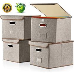 Large File Boxes with Lid [4-Pack] Filing Boxes Large Collapsible Linen Fabric Filing Storage Bin Organizer Decorative,Letter Legal Size,Gray,Office(15&quotL x 12.2&quotW x 10.75&quotH)