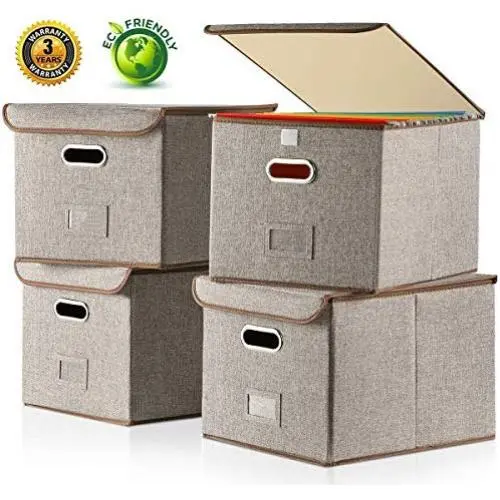 Large File Boxes with Lid [4-Pack] Filing Boxes Large Collapsible Linen Fabric Filing Storage Bin Organizer Decorative,Letter Legal Size,Gray,Office(15&quotL x 12.2&quotW x 10.75&quotH)