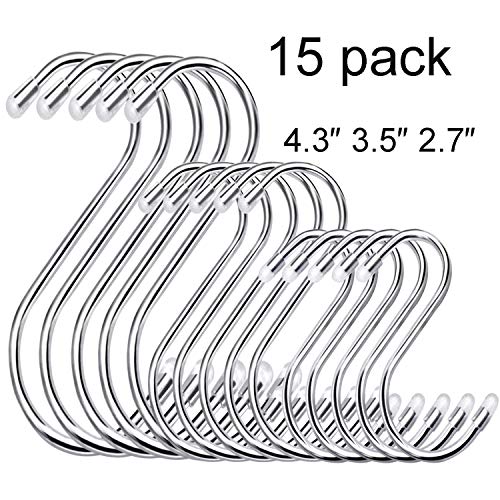 S Hooks Stainless Steel 3 Sizes( L4.3/ M3.5/S2.7inch),Large and Heavy Duty Hooks Hanger for Kitchenware Pots Pans Rack,Coffee Mugs,Spoons Utensils,Clothes,Jeans,Curtain Rods,Cups,Bags and Plants(S-S3)