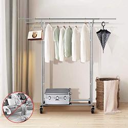 Simple Trending Double Rail Clothes Garment Rack, Heavy Duty Commercial Grade Clothing Rolling Rack on Wheels with Expandable Collapsible Clothing Rack, Holds up to 200 lbs, Chrome