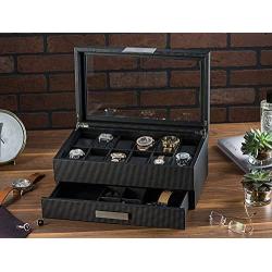 Glenor Co Watch Boxes with Valet Drawer for Men - 12 Slot Luxury Watch Case Display Organizer, Carbon Fiber Design - Metal Buckle for Mens Jewelry Watches, Mens Storage Boxes Holder has Large Glass Top