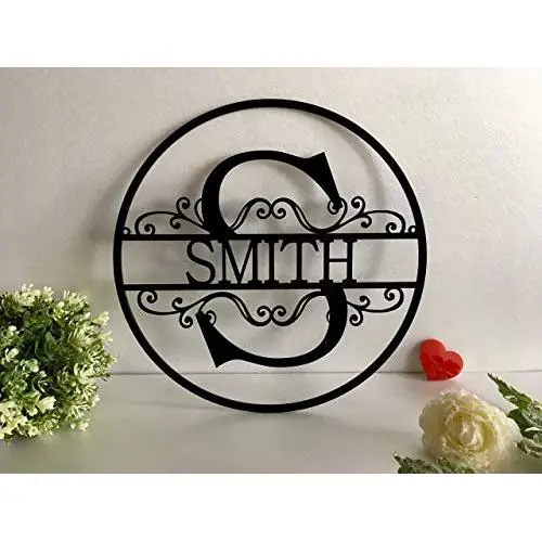 Personalized Last Name Family Sign Outdoor Initial Split Letter Laser Cut Custom House Decorations Monogram Hanging Front Door Wreath Wedding Gift Hanger Garden Housewarming Circle Wood Metal Acrylic