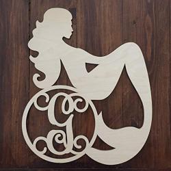 Unfinished Wood Mermaid Monogram Hanger - Mermaid Wreath - Sea Life Monogram Wall Hanger - Mermaid Initial Wreath - Mermaid Wall Hanger