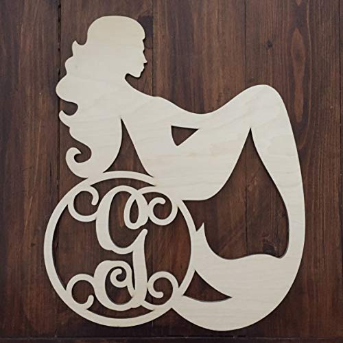 Unfinished Wood Mermaid Monogram Hanger - Mermaid Wreath - Sea Life Monogram Wall Hanger - Mermaid Initial Wreath - Mermaid Wall Hanger