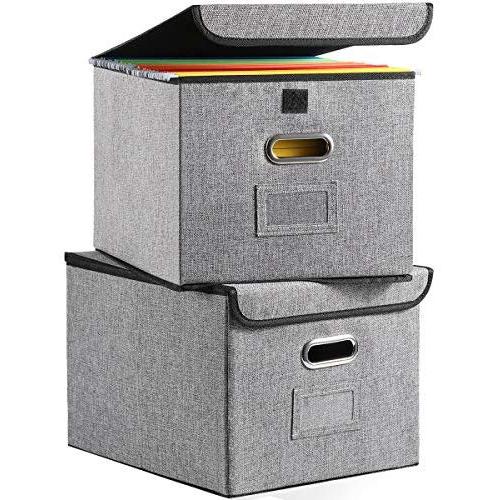 Collapsible File Organizer Boxes [2-Pack] Decorative Linen Storage Hanging Filing Folders with Lids Office Gray for Letter Size and Legal Size