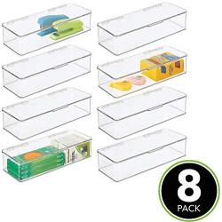 mDesign Wide Plastic Stackable Home, Office Supplies Storage Organizer Boxes with Attached Hinged Lid - Holder Bin for Note Pads, Gel Pens, Staples, Dry Erase Markers, Tape - 3" High, 8 Pack - Clear