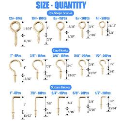 Glarks 213-Pieces Brass Plated Screw Eyes & Screw-in Ceiling Cups Hooks & Square Bend Hooks Assortment Set Kit for Hanging