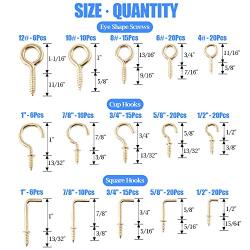 Glarks 213-Pieces Brass Plated Screw Eyes & Screw-in Ceiling Cups Hooks & Square Bend Hooks Assortment Set Kit for Hanging