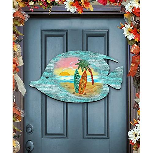 G.DeBrekht Fish Scenic Coastal Surfboards Palm Tree Sunset Wooden Door hanger / wall decor #8198527H