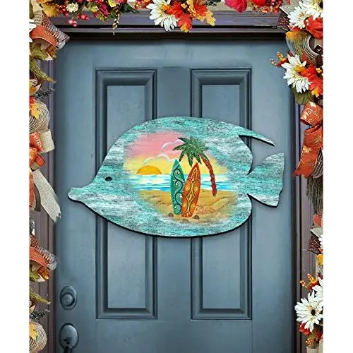 G.DeBrekht Fish Scenic Coastal Surfboards Palm Tree Sunset Wooden Door hanger / wall decor #8198527H