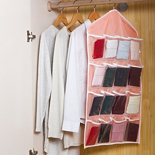 Clear Over Door Hanging Bag Underwear Bra Socks Closet Storage Organizer Shoe Rack Hanger 16 Pockets(Pink)