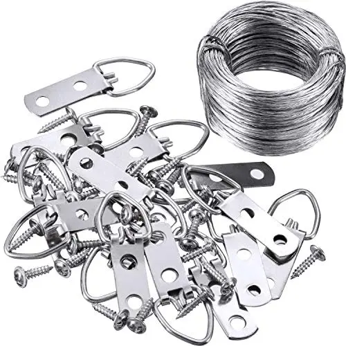 Jovitec Picture Hanging Kit 20 Pieces D-Ring Picture Hangers 2 Hole with 40 Pieces Screws, 100 Feet Picture Hanging Wire, Supports up to 30 lbs