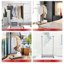 Simple Trending Clothing Garment Rack with Wheels and Bottom Shelves, Extendable, Capacity 150 lbs, Chrome