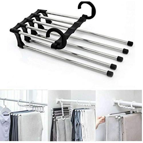 5pcs Random Color 5 in 1 Pant Rack Shelves Stainless Steel Clothes Hangers Multi-Functional Wardrobe Magic Hanger
