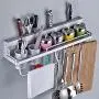 IRONWALLS Wall Mounted Pot Pan Rack Kitchen Storage Rack Chopsticks Forks Holder Knife Slots Hanger Hooks Duster Cloth Railing Wide Platform Aluminum