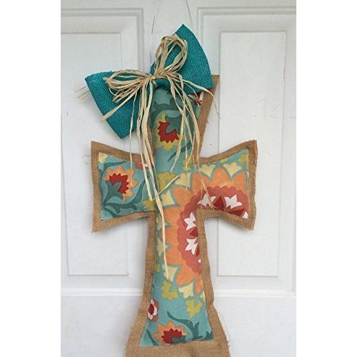 Red, Blue, orange, bold and bright mix fabric backed natural burlap Cross Door Hanger with Teal Burlap and raffia Bow. 24 inches tall, not including the wire. Perfect for any season!