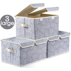 Prandom Large Foldable Storage Bins with Lids Fabric Decorative Storage Boxes Cubes Organizer Containers Baskets with Cover Handles Removable Divider for Home Bedroom Closet 17.3x11.8x9.8 Inch 3 Pack