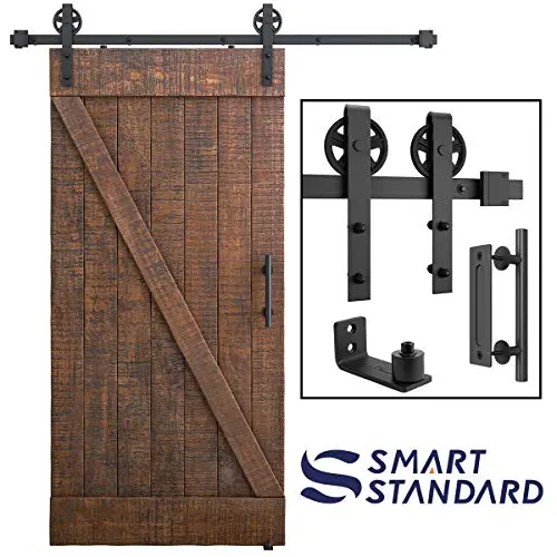 6ft Heavy Duty Sliding Barn Door Hardware Kit, 6ft Single Rail, Black, (Whole Set Includes 1x Pull Handle Set & 1x Floor Guide) Fit 36" Wide DoorPanel(Big Industrial Wheel Hanger)