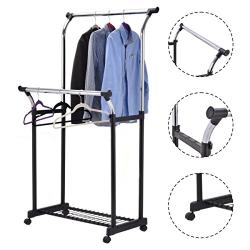 Rolling Clothes Hanger Shoe Rack Portable Double Rail Adjustable Garment Rack For good helper to organize your clothes and shoes.