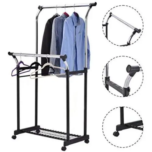 Double Rail Adjustable Garment Rack Rolling Clothes Hanger w/Shoe Rack Portable Double Rail Adjustable Garment Rack Rolling Clothes Hanger w/Shoe Rack Portable