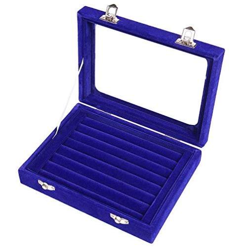 Pasutewel 7 Slots Velvet Glass Rings Earrings Jewellery Display Stand Storage Boxes Holder Organiser Tray Case - Blue