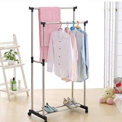 AK Energy Double Rail Adjustable Portable Clothes Hanger Rolling Telescope Garment Rack Rolling w/Shoe Rack