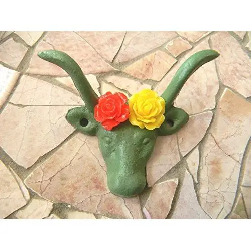 Cast Iron Cow Wall Hanger, Green Animal Hook, Rustic Farmhouse Decor, Choice Of Flower Colors