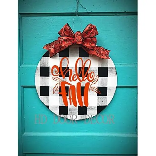 Hello Fall Round Farmhouse plaid wreath autumn door hanger