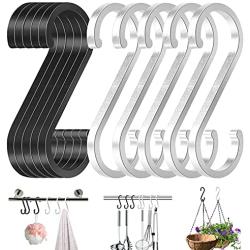 Outivity 20 Pack S Shaped Hooks,3.15''Heavy Duty S Hooks,Space Aluminum S Hooks for Hanging,S Hooks for Clothes,Bags,Towels,Plants,Kitchenware Hanger-Silver+Black