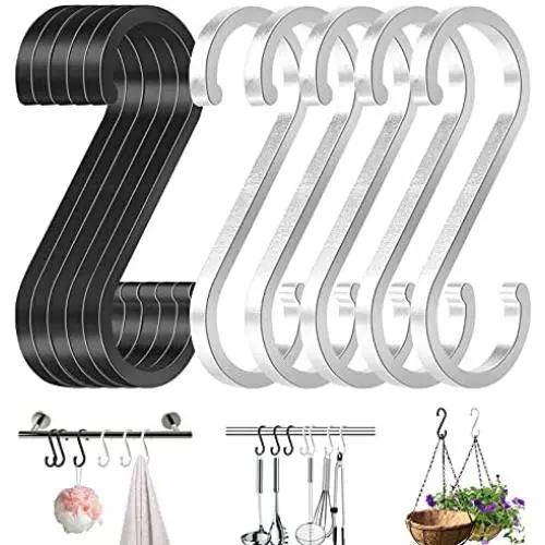 Outivity 20 Pack S Shaped Hooks,3.15''Heavy Duty S Hooks,Space Aluminum S Hooks for Hanging,S Hooks for Clothes,Bags,Towels,Plants,Kitchenware Hanger-Silver+Black Outivity 20 Pack S Shaped Hooks,3.15''Heavy Duty S Hooks,Space Aluminum S Hooks for Hanging,S Hooks for Clothes,Bags,Towels,Plants,Kitchenware Hanger-Silver+Black