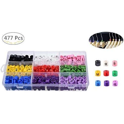 Magnolora 477 Pieces Color-Coding Time-Saver Size Marker, Clothes Hanger Size Tags, Size Dividers with Separate Compartments Storage Box, 9 Sizes Available (XXS - 4XL) for Clothes Shops and Family use