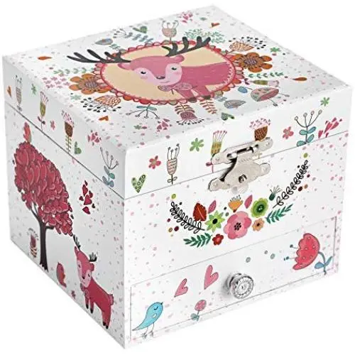 SONGMICS Ballerina Musical Jewelry Box, Wind-Up Music Storage Boxes with Pullout Drawer, Elk Theme, Gift for Kids, White UJMC014PK
