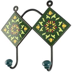 Indianshelf Handmade 1 Artistic Vintage Green Ceramic Floral Wall Hooks Tile Hanger/Bathroom Towel Holder