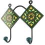 Indianshelf Handmade 1 Artistic Vintage Green Ceramic Floral Wall Hooks Tile Hanger/Bathroom Towel Holder