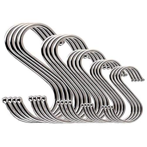 S Shaped Hooks Stainless Steel 5 Size Heavy Duty Hangers for Kitchenware Pan Pots Utensils Clothes Bags Towels Plants Kitchen, Work Shop, Bathroom, Garden 20PCS