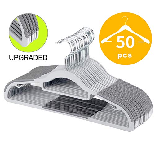 OIKA Plastic Hangers 50 Pack Dry Wet Clothes Hangers with Super Non-Slip Pads 0.2" Thickness 16.5 Inch Space Saving Gray