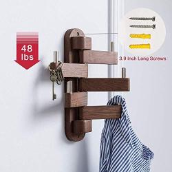 YI KUI Wall Shelves Wall Mounted Swivel Coat Rack 5 Hooks Rail Multi Foldable Arms Solid Oak Wood Towel Key Rack Clothes Hangers for Bathroom Entryway Bedroom Office Kitchen-Walnut Wood