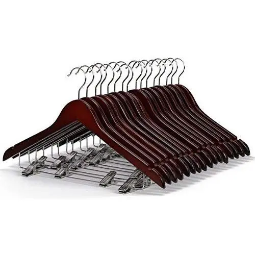 LOHAS Home Solid Walnut Finish Wooden Suit Hangers with Anti-Rust Pant Clips, Pack of 10