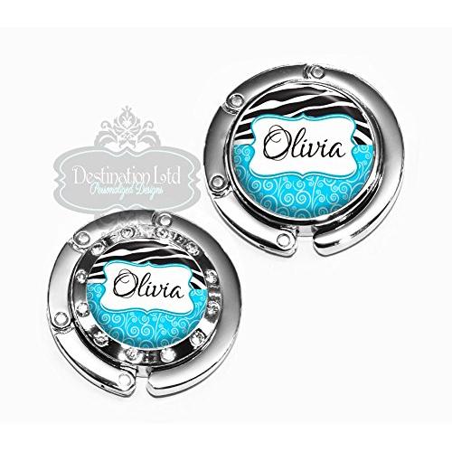 Personalized Purse Hanger with Zebra Stripes and Blue Swirls