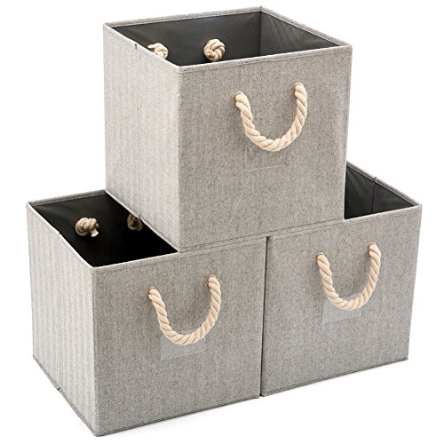 EZOWare [Set of 3] Storage Shelves Bins with Cotton Rope Handle, Collapsible Basket Cubes Container Boxes Organizer - Gray 13x13x13 inch