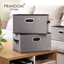 Prandom Large Foldable Storage Bins for Shelves [3-Pack] Decorative Linen Fabric Storage Baskets with Leather/Metal Handles for Closet Nursery Office Mixing of Grey Dark Brown (15x10x8.3 Inch)