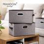 Prandom Large Foldable Storage Bins for Shelves [3-Pack] Decorative Linen Fabric Storage Baskets with Leather/Metal Handles for Closet Nursery Office Mixing of Grey Dark Brown (15x10x8.3 Inch)