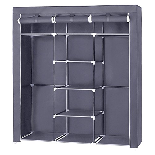 SONGMICS Portable Clothes Closet Non-Woven Fabric Wardrobe Double Rod Storage Organizer Grey 59-Inch URYG12GY