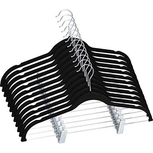 Utopia Home Velvet Skirt Hangers with Clips - 12 Pack - Non Slip Velvet Clothes Hangers with Notches for Pants and Coat - Slim and Heavy Duty with 360 Degrees Swivel Hook - Black