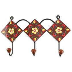 Indianshelf Handmade 1 Artistic Vintage Brown Ceramic Floral Key Hooks Tile Hanger/Hooks for Hanging Coats