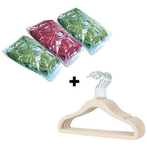 8 Pack Velvet Non-slip Clothes Hangers + 3 Pack Vakube Vacuum Seal Bags Combo Deal (White)