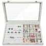 STYLIFING Jewelry Tray Showcase Display Storage Organizer Boxes Vintage Case Multi-Function Gray Velvet & Clear Lid with Lock Gifts for Girls Women (2 in 1)