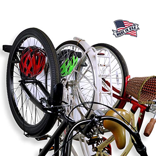 Koova Wall Mount Bike Storage Rack Garage Hanger for 3 Bicycles + Helmets | Fits All Bikes Even Large Cruisers/Big Tire Mountain Bikes | Heavy Duty Powder Coated Steel | Made in USA (3 Bike Rack)