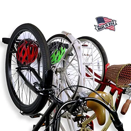 Koova Wall Mount Bike Storage Rack Garage Hanger for 3 Bicycles + Helmets | Fits All Bikes Even Large Cruisers/Big Tire Mountain Bikes | Heavy Duty Powder Coated Steel | Made in USA (3 Bike Rack)