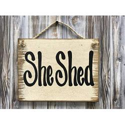 SHE SHED, Babe Cave, Man Cave Sign, Cream Antique White Wood with twine hanger, 6X8 Reclaimed Wall HUMOR FUNNY Sign